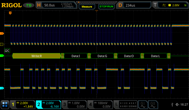 I2C clock and data after improving the oscilloscope probe ground connection