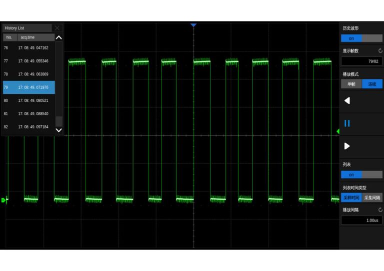 History Mode<br />
<br />
History function can record up to 80,000 frames of waveforms. The recording is executed automatically so that the customer can playback the history waveforms at any time to observe unusual events and quickly locate the area of interest using the cursors or measurements.
