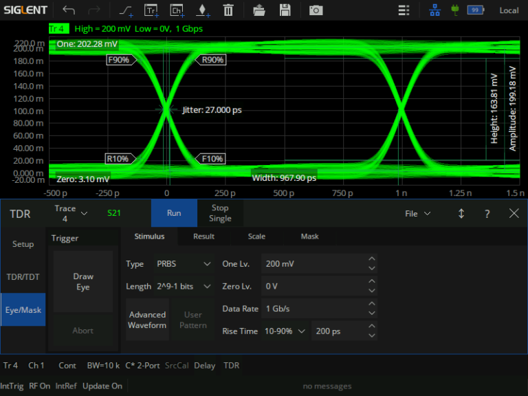 TDR provides time-domain reflection, transmission analysis and eye diagram simulation analysis functions, compared with ordinary frequency-domain analysis, it can quickly locate the fault point, determine the type of fault, can use the built-in virtual code generator to generate simulated eye diagrams, with jitter injection function to simulate the impact of the input signal with jitter on signal transmission.