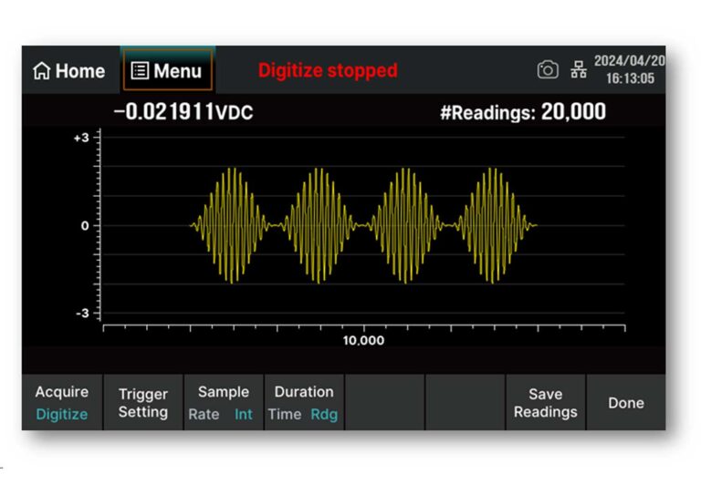 Digitiser Function<br />
<br />
Advantages:<br />
Outperforms oscilloscopes and spectrum analyzers in low-frequency, high-precision sampling. <br />
Ideal for applications such as precision digital sampling and audio signal digitization.<br />
<br />
Key Specifications:<br />
Maximum Sampling Rate: 50 kSa/s<br />
Single Capture Capacity: 2M points<br />
Bandwidth: 10 kHz