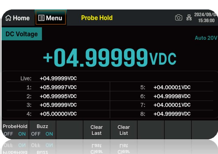Probe Hold<br />
<br />
Stability Alert: Triggers a buzzer when stable readings are detected, automatically displays the value on the front-panel display<br />
<br />
Features:<br />
Retains the latest 8 readings on-screen.<br />
Supports multiple measurement types (e.g., DCV, ACV, resistance).<br />
Allows users to review historical data or clear displayed readings at any time.