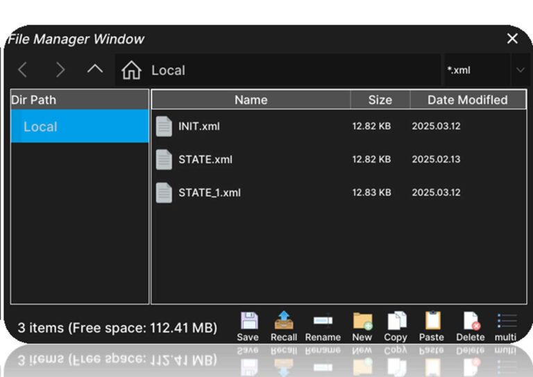 Storage/Recall<br />
<br />
Store/Restore Settings: Supports saving and restoring instrument parameter files and data files in/from internal storage and external USB storage devices.<br />
<br />
Timestamp Support: Adds timestamps to recorded readings.<br />
Internal Storage: Up to 2M points of internal memory.<br />
Memory Capacity: 2Gb NAND Flash storage.<br />
<br />
File Formats:<br />
Measurement data saved as CSV files.<br />
Scan card configurations saved as XML files.<br />
<br />
File Management: Users can create folders, save screenshots, and perform operations like copying, renaming, and deleting files.