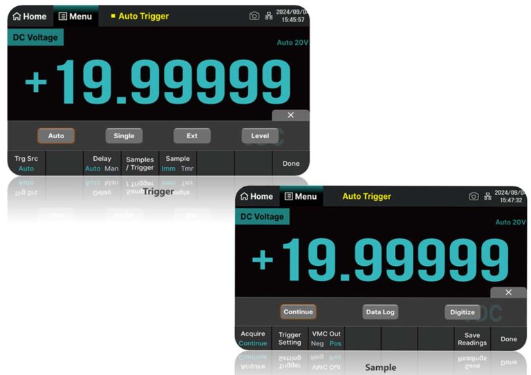 Trigger and Sample<br />
<br />
Trigger Modes:<br />
Auto Trigger, Single Trigger, External Trigger, Level Trigger<br />
SDM4000A can capture one or a specified number of readings upon receiving a trigger signal. Users can configure the delay time between trigger activation and data acquisition.<br />
<br />
Supported Sampling Modes:<br />
Continuous Sampling<br />
Recorder Function<br />
Digitizer Function