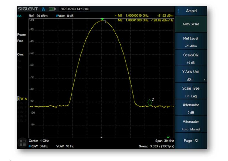 Low SSB Phase Noise<br />
<br />
-104 dBc/Hz at 10 kHz offset (fc = 1 GHz).<br />
Critical metric for evaluating oscillator stability and spectral purity.<br />
Excellent phase noise is an important index for evaluating spectrum analyzer.