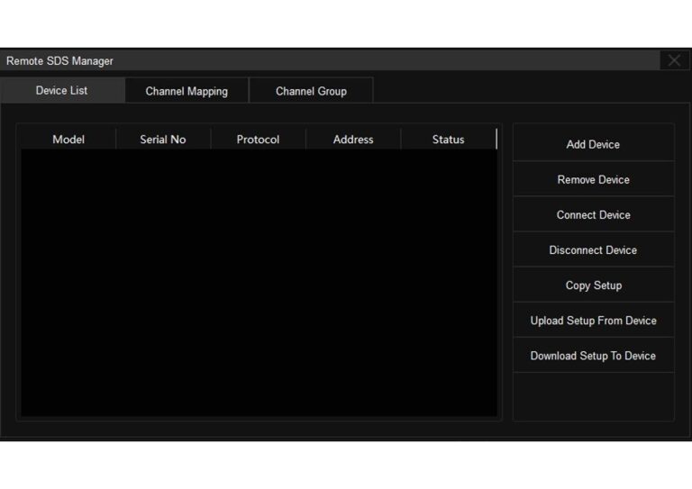 Remote Management and Setup Synchronization Function<br />
<br />
SDS Manager for easy device switching<br />
<br />
A remote device list is provided for convenient switching between oscilloscopes. Configuration can be synchronized from the oscilloscope to the SigScopeLab by entering the IP address. In addition, it can also synchronize the configuration from the upper computer to the oscilloscope to meet different application scenarios of users.