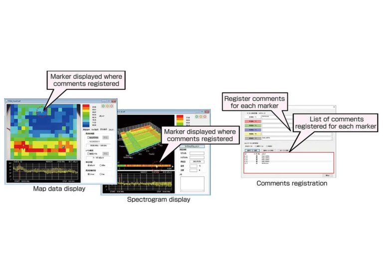 Enhanced Comment Functionality<br />
<br />
A function has been added that allows you to display a marker at the position where you want to register a comment such as countermeasure location or notes, and to register comments on the time axis of map data and spectrograms. By registering comments for countermeasure locations in each coloured marker, you can trace the countermeasure record.