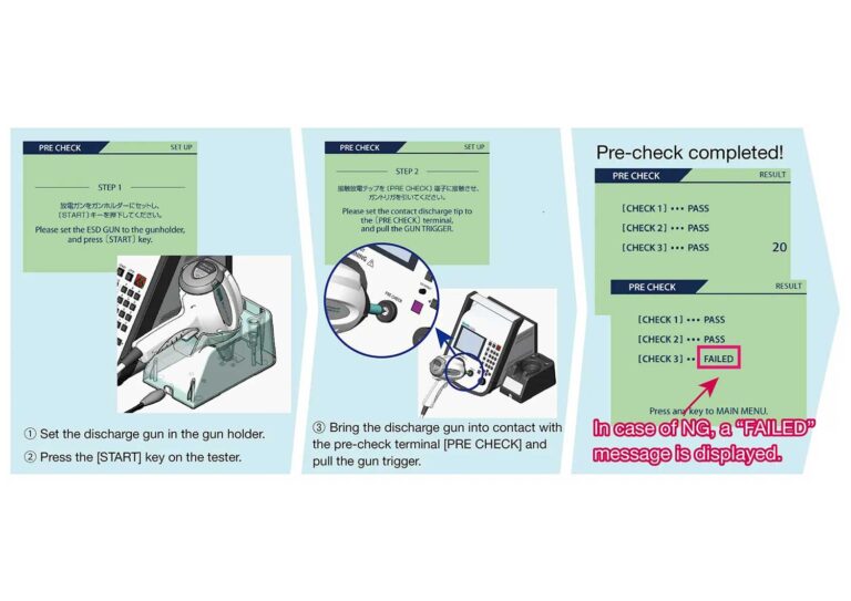 Achieve a more reliable test<br />
<br />
The new ESD simulator is equipped with 3 pre-check functions;  “high voltage power output check”, “insulation failure check”, and “discharge relay operation check” on the main body and discharge gun. You can prevent troubles such as failing to perform the test properly; if you did not notice the failure of the tester body or the relay inside the discharge gun has reached the end of its life.