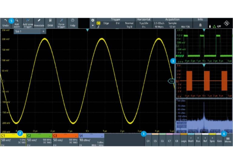 With advanced usability designed for high productivity<br />
<br />
Tap to turn on sources and other functions<br />
Quickly customize your display layout with drag & drop using R&S®SmartGrid<br />
Adjust grid and result table boundaries using sliders<br />
Easily navigate to all settings using the main menu<br />
Quickly access important tools with the customizable toolbar