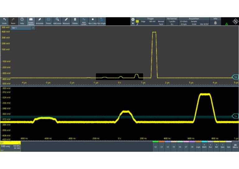 With high-precision digital trigger<br />
<br />
<br />
Trigger sensitivity down to 0.0001 vertical divisions<br />
Adjustable trigger hysteresis<br />
World’s fastest trigger rearm time of < 21 ns<br />
Zone trigger on analogue, spectrum and math<br />
Best in class trigger jitter of just 1 ps