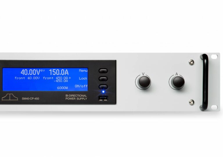 The SM6K series supports full-power, two-quadrant operation, functioning both as a source and a regenerative load. Voltage and current are programmable from zero to maximum, enabling controlled sourcing and sinking.<br />
In sink mode, energy is fed back into the AC grid with an efficiency of 92 %. Regeneration reduces heat dissipation and can remove the need for external dissipative loads in many setups. With temperature-controlled fans and low audible noise, the SM6K series is suitable for quiet laboratory use as well as demanding industrial automated test environments.