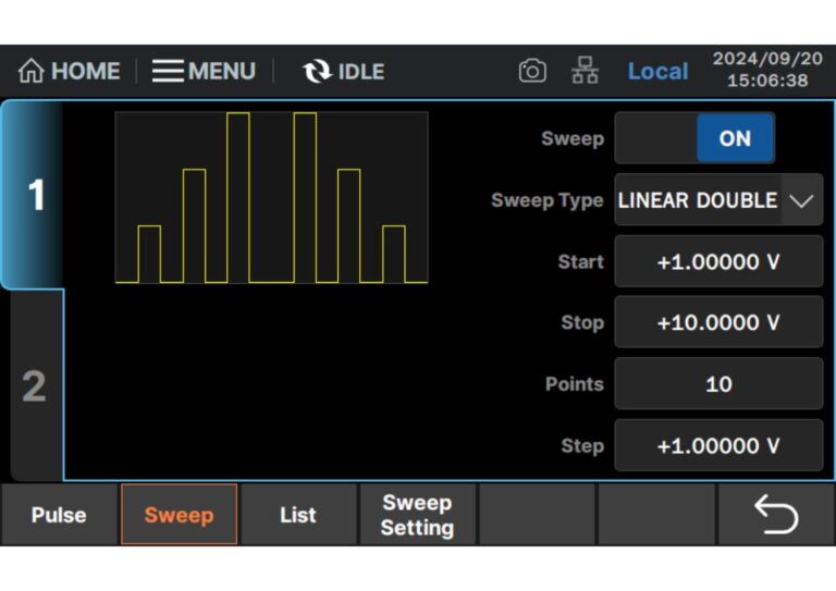Sweep Function<br />
<br />
The SMU features multiple sweep modes, including single sweep, continuous sweep, linear/log sweep, pulse sweep and custom sweep. It can also be combined with limit testing and remote control modes to build a high-speed production testing system.<br />
<br />
The sweep function of the SMU can output voltage or current point-by-point at a fixed step size based on the user-prescribed start and end points, while automatically measuring the value at each point. It can verify the characteristics of the device at different operating points, and is often used to plot current-voltage (I-V) characteristic curves. For example, for semiconductor devices such as diodes and transistors, the corresponding current is measured by sweeping the voltage to obtain their conduction characteristic curves.
