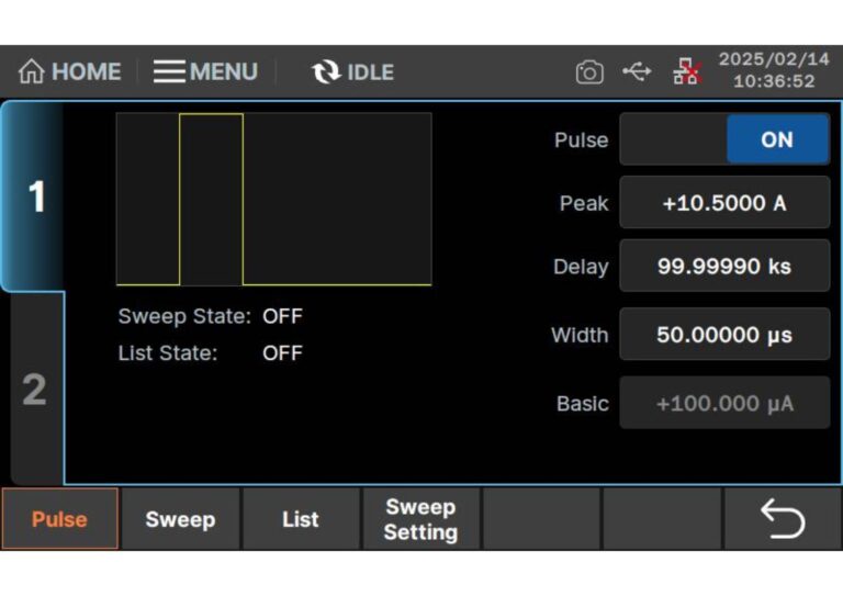 Signal Generation Function<br />
<br />
The source measure unit can generate multiple types of signals to meet diverse testing requirements. Common signal types include DC signals and pulse signals. Users can precisely set signal parameters and adjust these parameters in real time to adapt to different testing needs.<br />
<br />
It can be applied to semiconductor device testing: used to measure the current-voltage (I-V) characteristic curves of devices such as transistors, diodes, and integrated circuits (ICs).