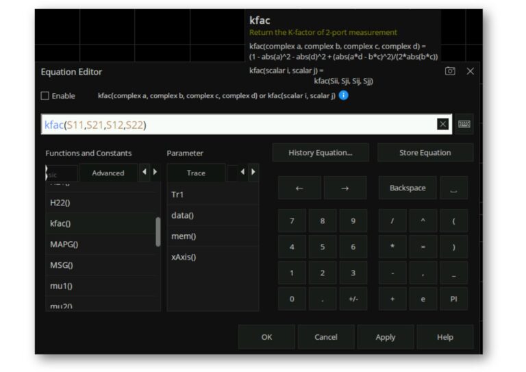 <b>Flexible Formula Editor Function</b><br />
Built-in rich library of common and advanced functions.<br />
User-friendly parameter hints.<br />
Allows input of algebraic formulas using standard mathematical operators and functions, and references data available within the VNA.