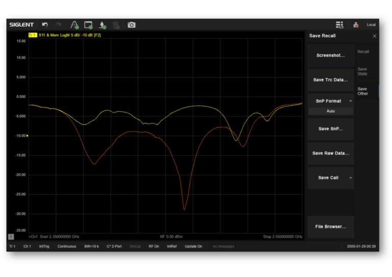 <b>Data / Memory</b><br />
Supports saving the current data trace in memory.<br />
Facilitates comparison between current and historical data.<br />
Three display modes: data traces only, memory traces only, or both data and memory traces simultaneously.<br />
Four mathematical operations for data and memory traces:<br />
Data / Memory, Data * Memory, Data + Memory, Data - Memory.