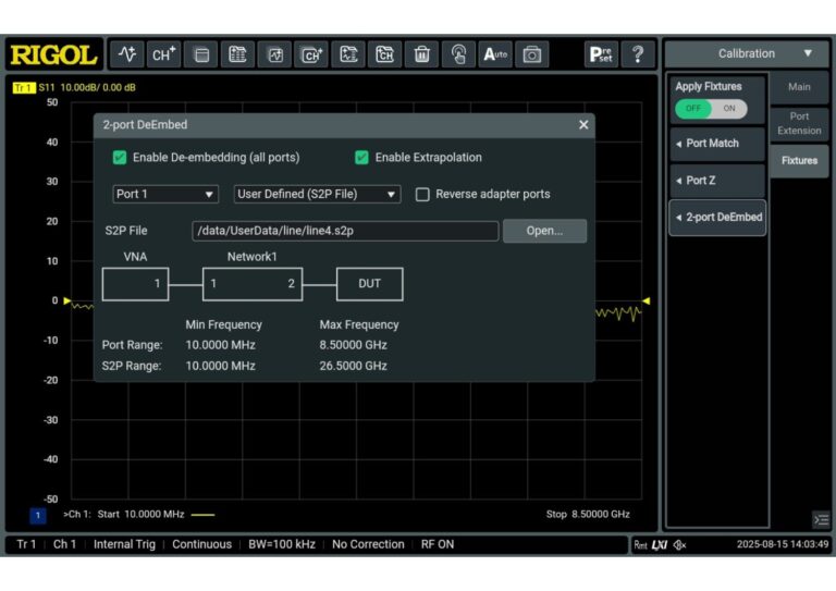 Remove the electrical influence of fixtures, adapters and interconnects from your measurements using built-in fixture embedding and de-embedding. This allows more accurate characterisation of the DUT without additional post-processing.