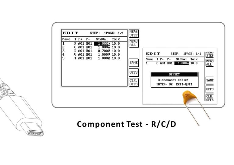 Check components built into the cable assembly alongside its wiring. Component ranges include 100 mΩ to 2 MΩ resistance, 10 pF to 3 µF capacitance and 0.1–6.8 V diode testing.