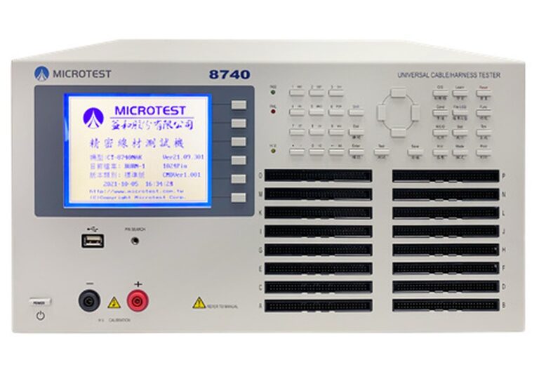 The 8740K configuration provides 1,024 test points using 2-wire measurement. Its 270 mm-high enclosure accommodates 16 front connector slots.