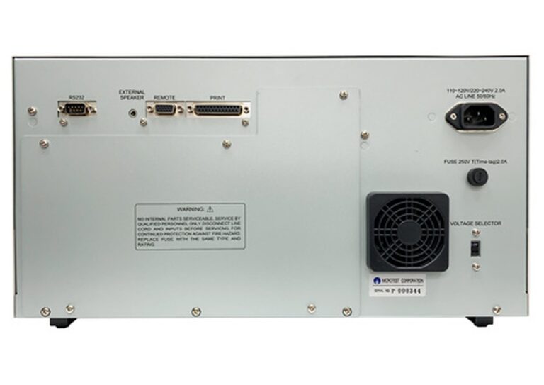 RS-232, USB Host, printer and remote interfaces support a production test station. Optional PC Link, networking and remote-control accessories can be selected for the installation.