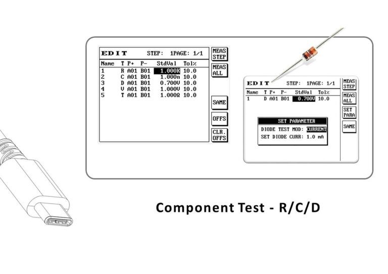Measure resistors, capacitors and diodes incorporated into cable assemblies. Component ranges include resistance from 50 mΩ to 20 MΩ and capacitance from 10 pF to 12 µF.
