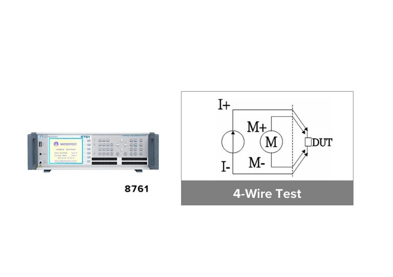 Separate current and voltage-sense connections reduce fixture lead resistance errors. Continuity measurement from 1 mΩ to 52 Ω supports low-resistance cable and connector checks.