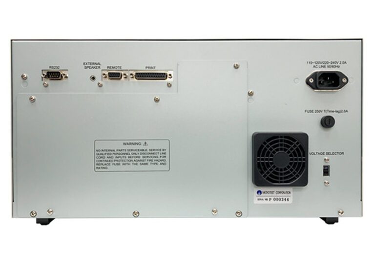 RS-232, USB Host, printer and remote interfaces support a production test station. Optional PC Link, networking and remote-control accessories can be selected for the installation.