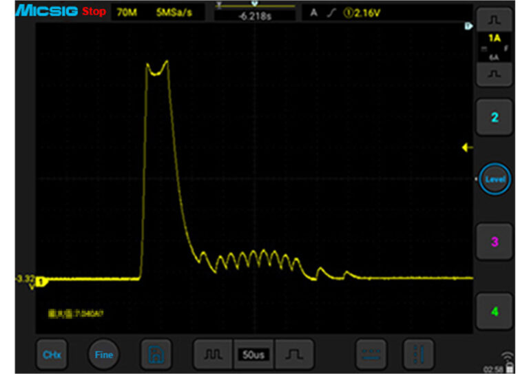 Observe Surge Current<br />
<br />
Accurately capture the surge current waveform when the power adapter starts (Measured with the CP503B).