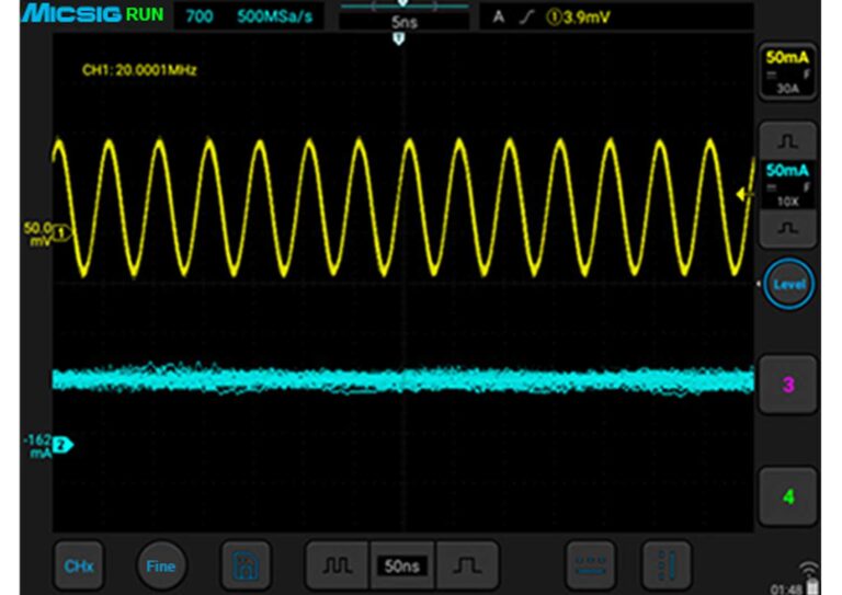 HF Current Signal Measurements<br />
<br />
Accurate measurement capability on high-frequency signals >20MHz. (CH1 Yellow, measured with the CP1003B).<br />
Same signal completely distorted when measured by low-frequency probe. (CH2 Blue).