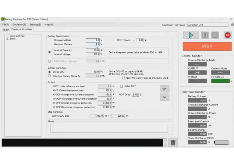 Emulation Condition Setting Screen<br />
<br />
Set battery specs/battery condition.