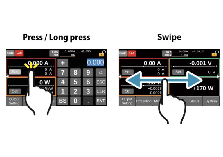 Equipped with a touch panel display<br />
<br />
By pressing or swiping the display with a finger, the user can select an item on the screen or set a numerical value. The display is pressure-sensitive and can be operated even with gloves on.