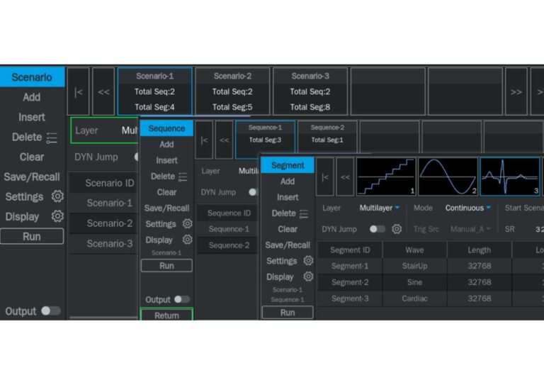 SDG8000A supports the editing and playing functions of segment, sequence and scenario multi-level sequence waves, as well as flexible playing control settings, which makes it easier to create complex sequence waves.<br />
<ul><br />
 	<li>Up to 5G Sa/s</li><br />
 	<li>Up to 512 Scenarios / 4096 Sequences / 16384 Segments</li><br />
 	<li>4 Gpts maximum memory depth per channel</li><br />
 	<li>Configurable loop counts and playback order</li><br />
 	<li>Selectable trigger modes: Auto, Manual, Timer, External</li><br />
 	<li>4 operating modes (Continuous, Triggered, Gated, Advanced) with per-segment trigger control</li><br />
</ul>