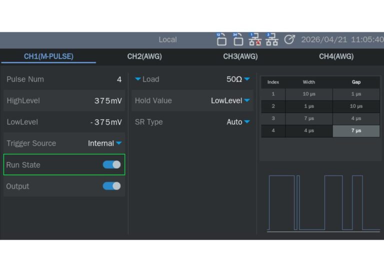 <ul><br />
 	<li>The multi-pulse function is output in AWG mode.</li><br />
 	<li>SR Type: Automatic or customised,</li><br />
 	<li>The sampling rate can be customised from 100 Sa/s to 5 GSa/s.</li><br />
 	<li>Pulse count: Up to 30 pulses can be set</li><br />
 	<li>Main applications: Power device switching parameter measurement: For example, turn-on time, turn-off time, and delay time of power semiconductor devices such as MOSFETs and IGBTs.</li><br />
</ul>