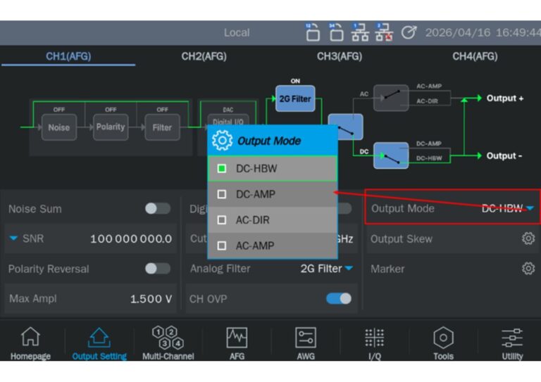 <ul><br />
 	<li>Use DC modes when the signal includes DC or low-frequency components.</li><br />
 	<li>Choose DC-HBW for higher bandwidth, and DC-AMP for higher amplitude.</li><br />
 	<li>Use AC modes for RF signals without DC content.</li><br />
 	<li>Choose AC-DIR for best signal fidelity, and AC-AMP for higher output amplitude.</li><br />
</ul><br />
<img class="alignnone size-medium wp-image-39338" title="sdg8a_output_spec" src="https://telonic.co.uk/jg/wp-content/uploads/screenshot-2026-05-18-112853.png" alt="sdg8a_output_spec" /><br />

