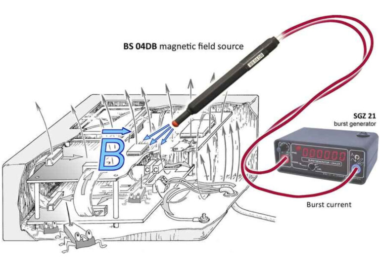 The functional fault is often caused by magnetic fields of the disturbance current or by electric fields (inductive coupling). In order to pinpoint the place of interference, these fields are now injected with field sources which gene- rate a magnetic or electric field in a small space. <br />
<br />
If a functional fault occurs when conducted disturbance current flows into and out of the EUT, magnetic field sources are used for fault localization. E field sources are used in the event that the fault occurs during inductive coupling.