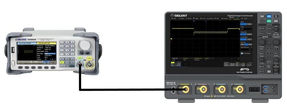 Siglent awg oscilloscope output scaling setup Siglent arbitrary waveform generator connected to an oscilloscope for amplitude and offset adjustment