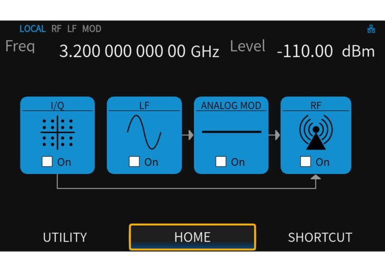 A 5-inch capacitive touchscreen provides quick access to RF, modulation, sweep and I/Q functions, with USB, LAN and Web remote control for bench or automated use.